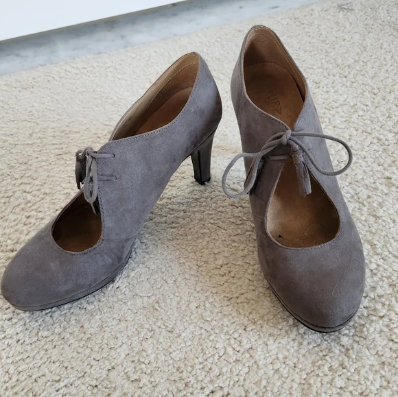 Taupe Suede Lace-Up Womens Heeled Pumps - Picture 2 of 9